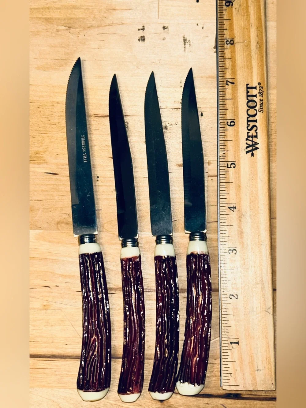 Vintage Set of 4 Stainless Steak Japan Knives Faux Antlers (1 Is Longer)
